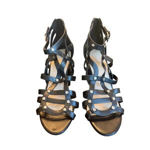 New Marc Fisher Lusa Caged Ankle Strap Black Leather Block Heels Women's 9
